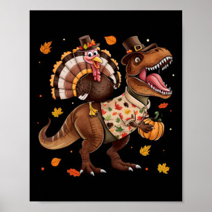 Poster Dinde drôle chevauchant le dinosaure T Rex Thanksg