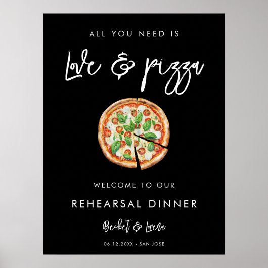 Poster Dîner contemporain noir d'amour et de pizza (Devant)