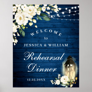 Poster Dîner de répétition Rose Blush Lantern Blue Wood