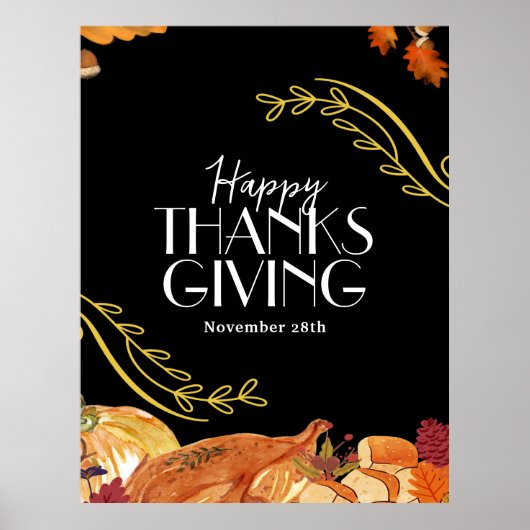 Poster Dîner de Thanksgiving élégant noir imprimable (Devant)