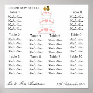 Poster Dîner Mariage de Coeurs roses Plan de siège