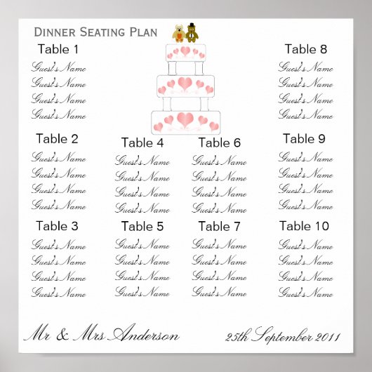 Poster Dîner Mariage de Coeurs roses Plan de siège (Devant)