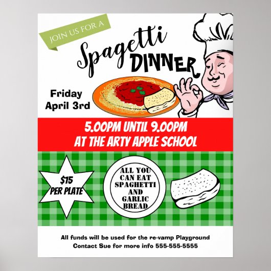 Poster dîner spaghetti, collecte de fonds de l'école de c (Devant)