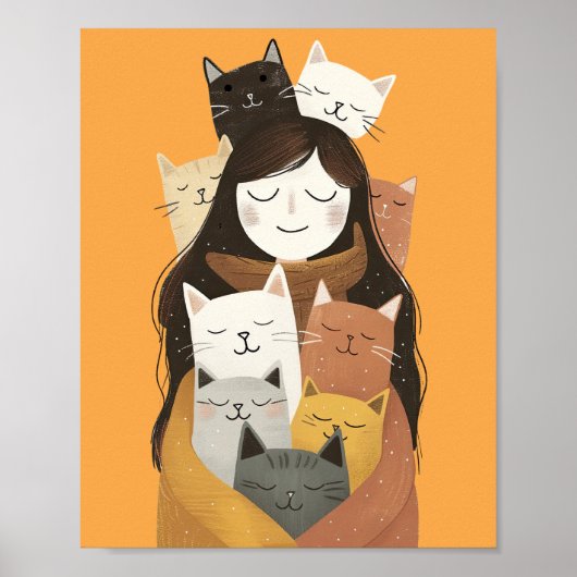 Poster Dingue Crazy dame avec de mignons chats Jaune (Devant)