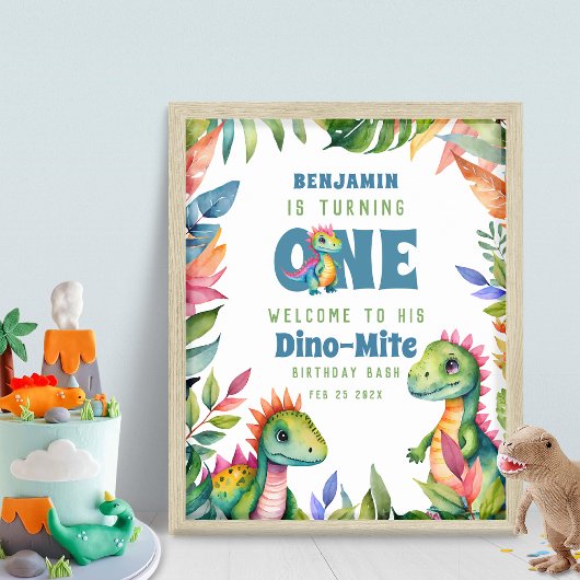 Poster Dinosaur 1er anniversaire Boy Tropical Welcome Par