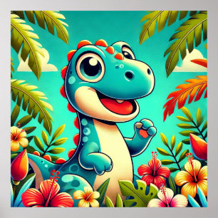 Poster Dinosaur cartoon adorable au milieu d'un cadre tro