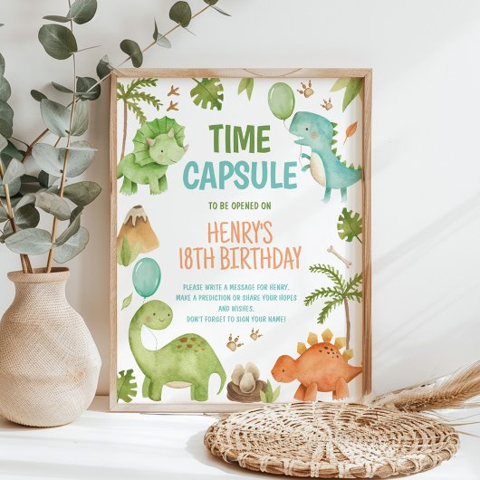 Poster Dinosaur Cute Boy Birthday Party Time Capsule Sign