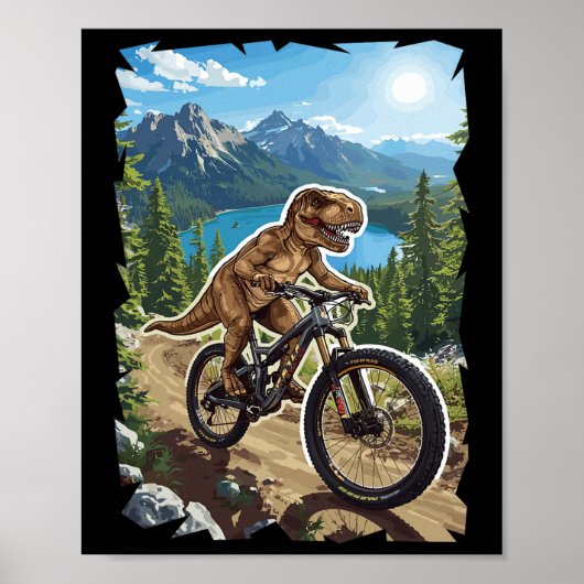 Poster Dinosaur Mountain Biking Through Forest Trail  (Devant)