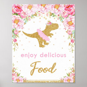Poster Dinosaure Floral Anniversaire Fête T-Rex Food Sign