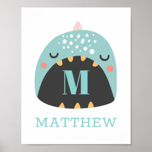 Poster Dinosaure mignon. Blue Dino pour bébé garçon / Nur