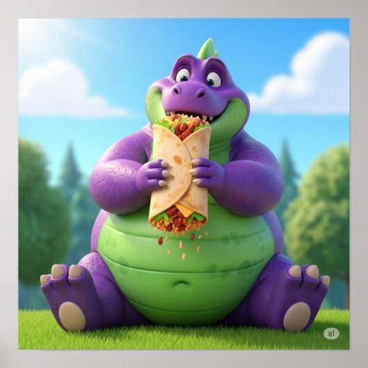 Poster Dinosaure pourpre Profitez d'un Burrito (Devant)