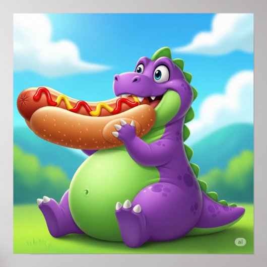 Poster Dinosaure pourpre Profitez d'un chien chaud (Devant)