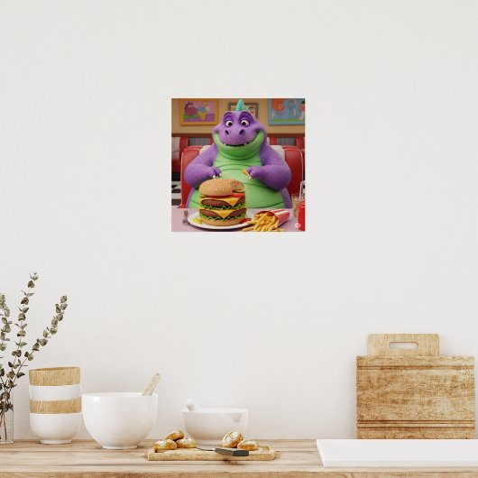 Poster Dinosaure pourpre Profitez d'un hamburger (Cuisine)