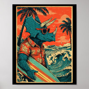 Poster Dinosaure Rétro Surf Hawaii Été Triceratops S