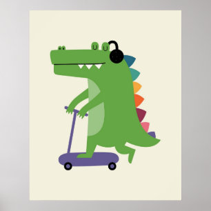 Poster Dinosaure sur un scooter avec casque audio Bébé en