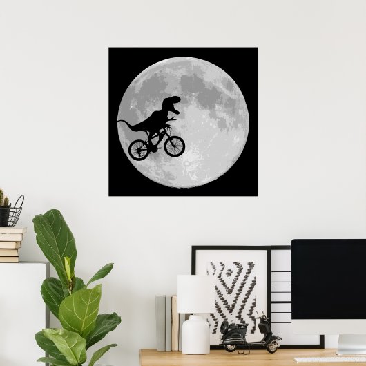 Poster Dinosaure sur un vélo dans le ciel avec la lune (Bureau à domicile)