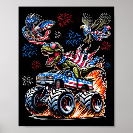 Poster Dinosaure T-Rex avec camion monstre aigle drapeau  (Devant)