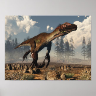 Poster Dinosaure Utahraptor dans le désert - rendu 3D
