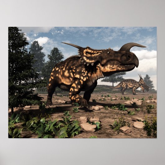 Poster dinosaures Einiosaurus dans le désert - rendu 3D (Devant)