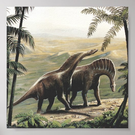 Poster Dinosaures vintages, Amargasaurus aux palmiers (Devant)