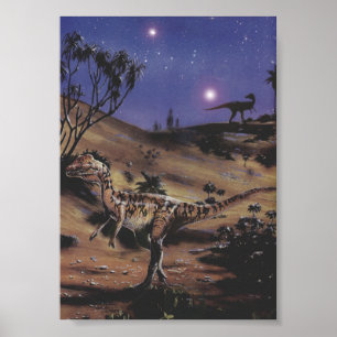 Poster Dinosaures vintages, Dilophosaurus dans une nuit é