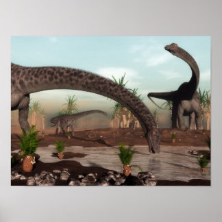 Poster Diplodocus dinosaurs herd going to drink
