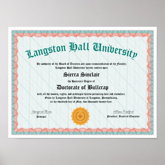 Poster Diplôme amusant, Doctorette de Bullcrap, Cadeau Ga (Devant)