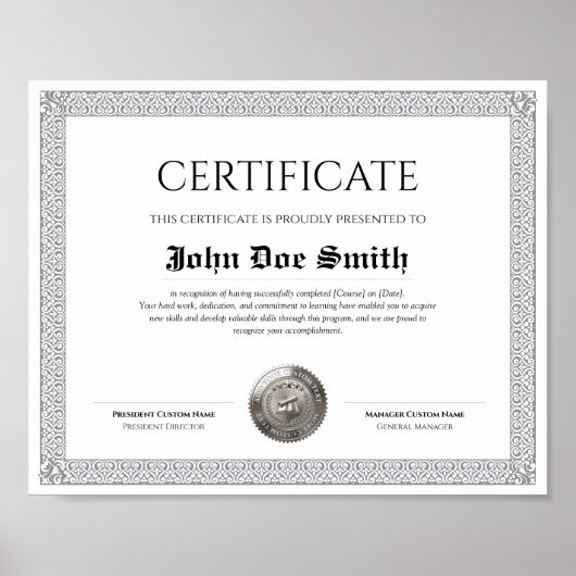Poster Diplôme Classique Élégant Certificat sceau argent (Devant)
