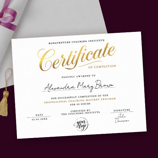 Poster Diplôme de base de certificat d'or classe Logo
