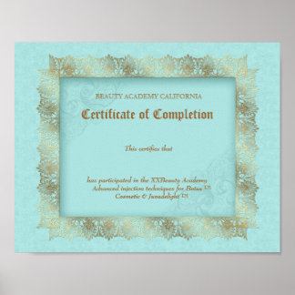 Poster Diplôme de beauté Certificat d'achèvement Blue Gol