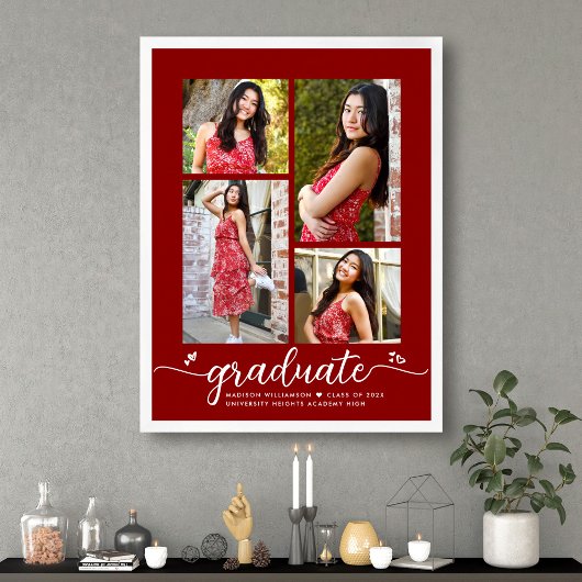 Poster Diplômée Rouge 4 Photo Script Cœurs Moderne Fémini