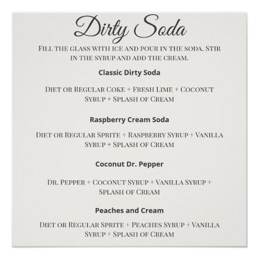 Poster Dirty Soda Bar Sign with Recipes for Wedding (Devant)