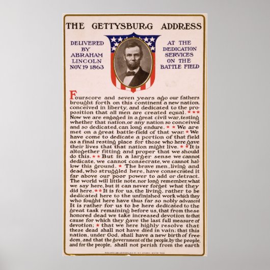 Poster Discours de Gettysburg par Abraham Lincoln 1863 (Devant)