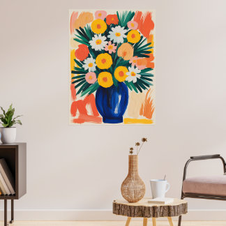 Poster Disposition Floral Vibrant dans un Vase Bleu