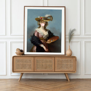 Poster Diva de la gomme à bulles dans un chapeau de paill