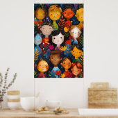 Poster Diverse Happy Children Floral Pattern Illustration (Cuisine)