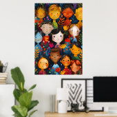 Poster Diverse Happy Children Floral Pattern Illustration (Bureau à domicile)
