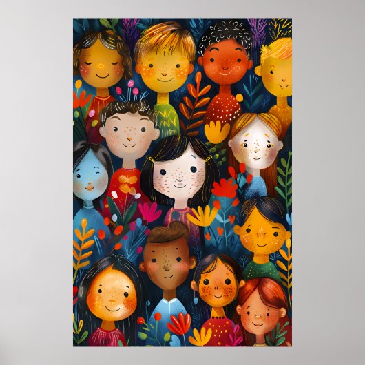 Poster Diverse Happy Children Floral Pattern Illustration (Devant)