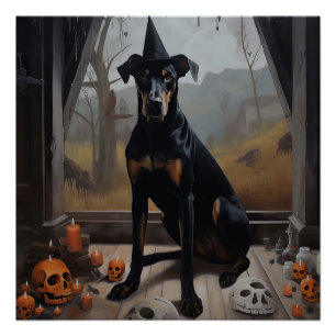 Poster Doberman Citrouilles Halloween Épouvantable