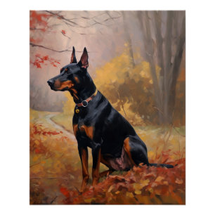 Poster Doberman dans les feuilles d'automne tombent inspi