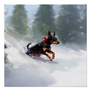 Poster Doberman Pinscher Noël neige hiver