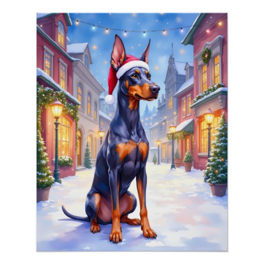 Poster Doberman Pinscher Snowy Village Santa Hat Christma (Devant)