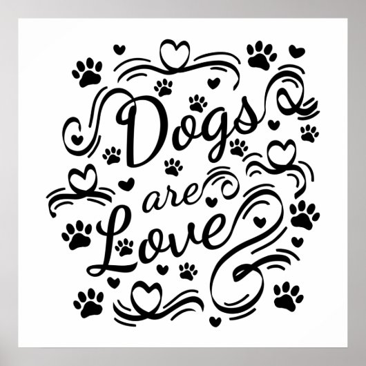 Poster Dogs Are Love Paws And Hearts Typography (Devant)