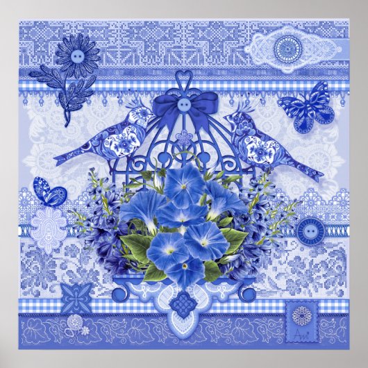 Poster d'oiseaux en porcelaine bleue et en cage à (Devant)