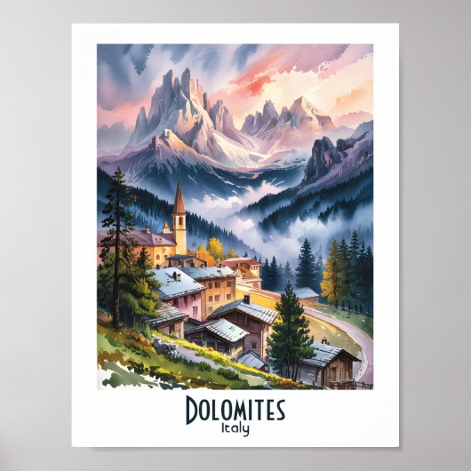 Poster Dolomites Italy Alps Mountain Landscape Watercolor (Devant)