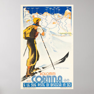 Poster DOLOMITI CORTINA et ses pistes de ski Italie Hiver