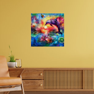 Poster Dolphin lunaire Côtier Nautique Floral Turquoise