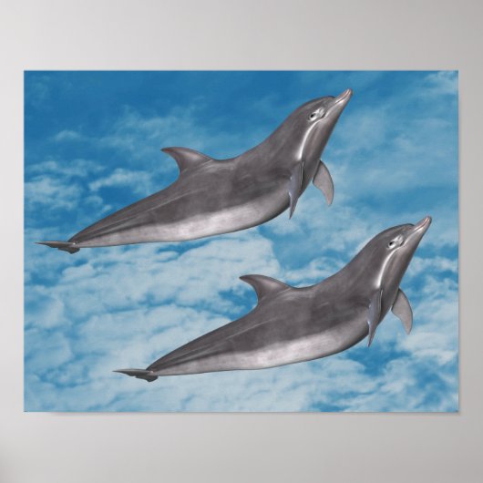 Poster Dolphins Ciel Bleu Nuages Blancs Imaginaire Art (Devant)