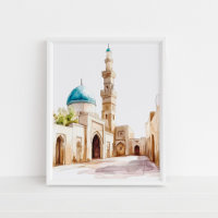 Dôme Bleu Marocain et Minaret Aquarelle Mur Art