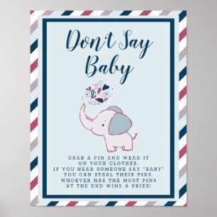 Poster Don't Say Baby Cute Elephant Baby shower Jeu